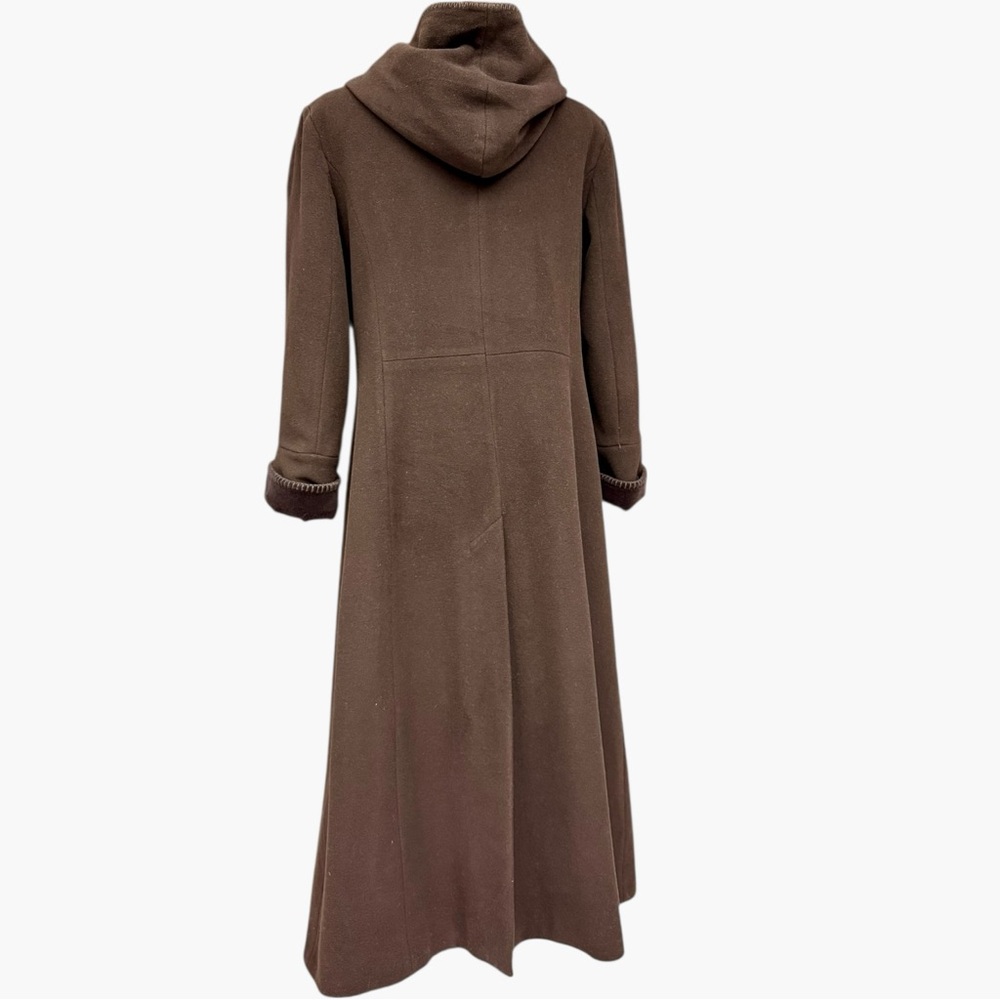 Vintage Albert Nipon Dark Brown Hooded Wool Long Winter Coat Velvet Trim Size 10 - Picture 5 of 11